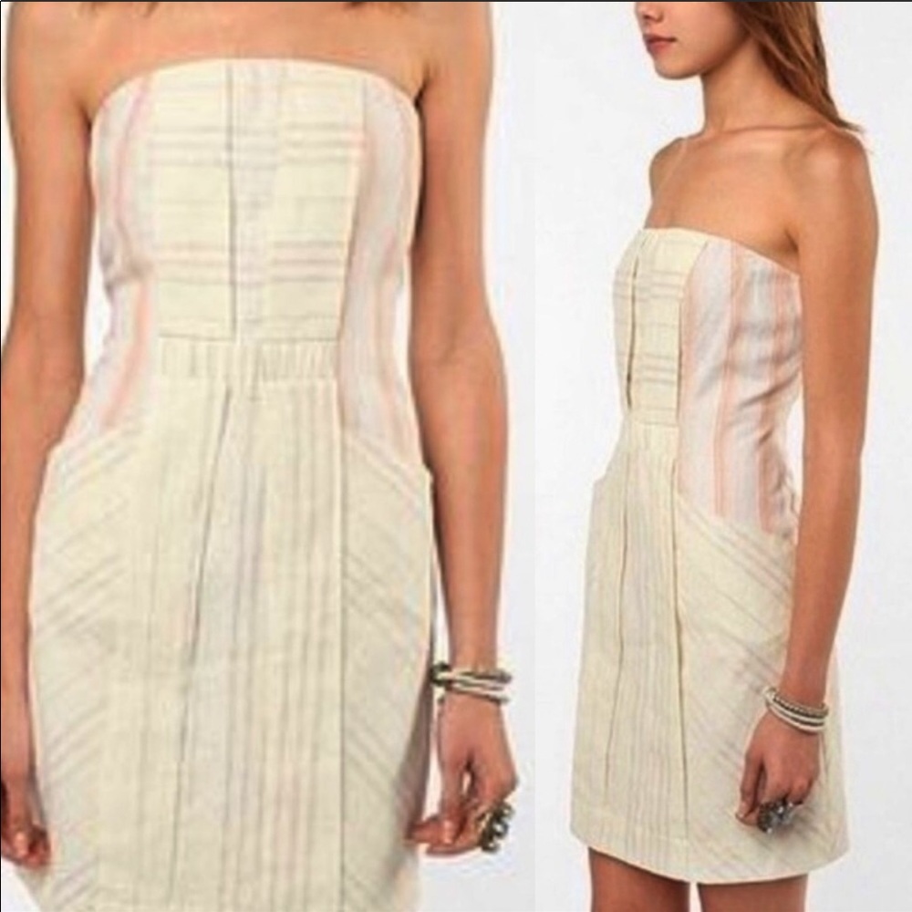 Urban Outfitters Strapless Cream Mini Dress with Subtle Pastel Stripes